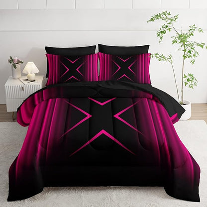 Pink Black Geometric Comforter Set King Size 7Pieces,3D Abstract Mordern Printed Bedding Set for Adults,Geometric Mordern Decor All Seasons with Pillowcases,Flat, Fitted Sheet