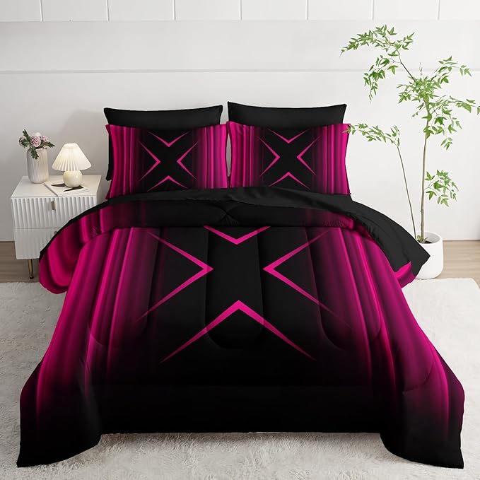 Pink Black Geometric Comforter Set Queen Size 7Pieces,3D Abstract Mordern Printed Bedding Set for Adults,Geometric Mordern Decor All Seasons with Pillowcases,Flat, Fitted Sheet