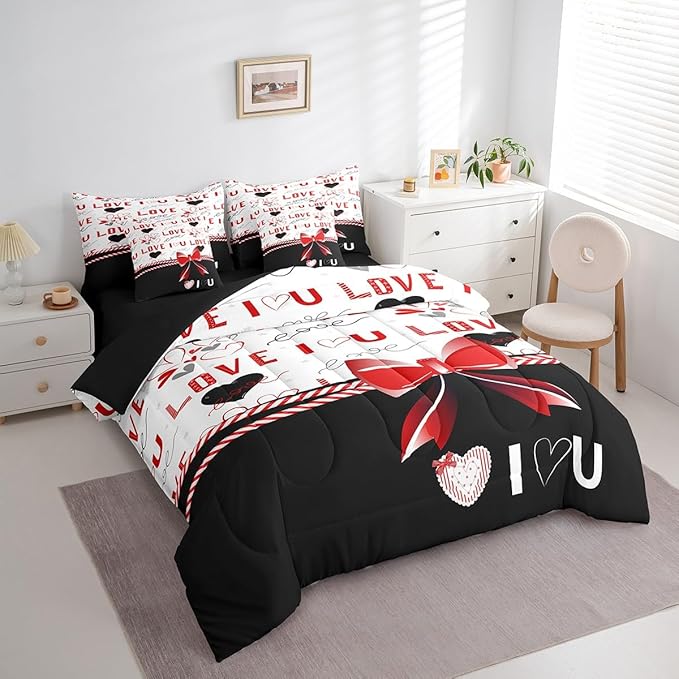 Feelyou Twin Size Valentine's Day Comforter Set with Sheets Boys Girls Red Bowknot 7 Piece Bedding Set for Adult Women Men Love Theme Bed in a Bag Black White Bed Set