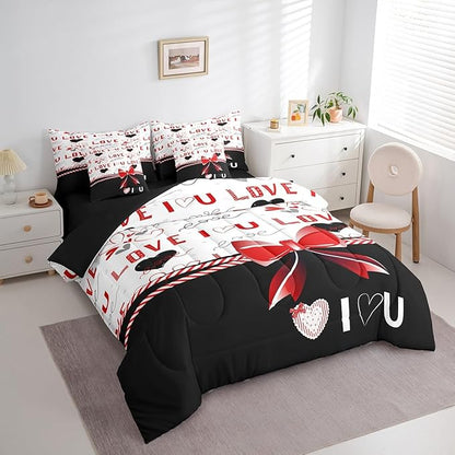 Feelyou Twin Size Valentine's Day Comforter Set with Sheets Boys Girls Red Bowknot 7 Piece Bedding Set for Adult Women Men Love Theme Bed in a Bag Black White Bed Set