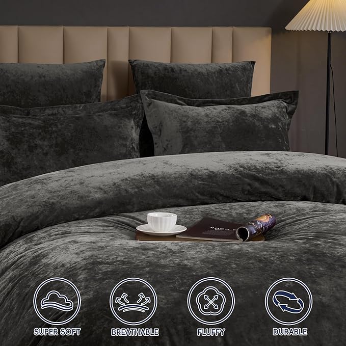 PHF Crushed Velvet Comforter Set King Size, 5-Piece Luxury Winter Bedding Sets with 2 Euro Shams, Heavyweight Warm Fluffy Velvet Bed Spread, Glam Home Decor, Grey