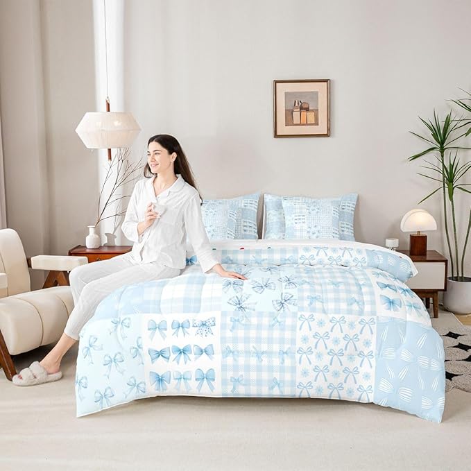 Feelyou Blue Bow Twin Comforter Set with Sheets for Kids Boys Girls Cute Bowknot 7 Pieces Bedding Set Princess Bow Bed in a Bag Kawaii Room Decor Soft Lightweight Microfiber