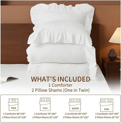 CAROMIO White Ruffled Twin Comforter Set, 2PCS Soft Washed Microfiber Lightweight & Fluffy All-Season Bedding Comforter with Vintage French Country Styles, White, 68x90 in