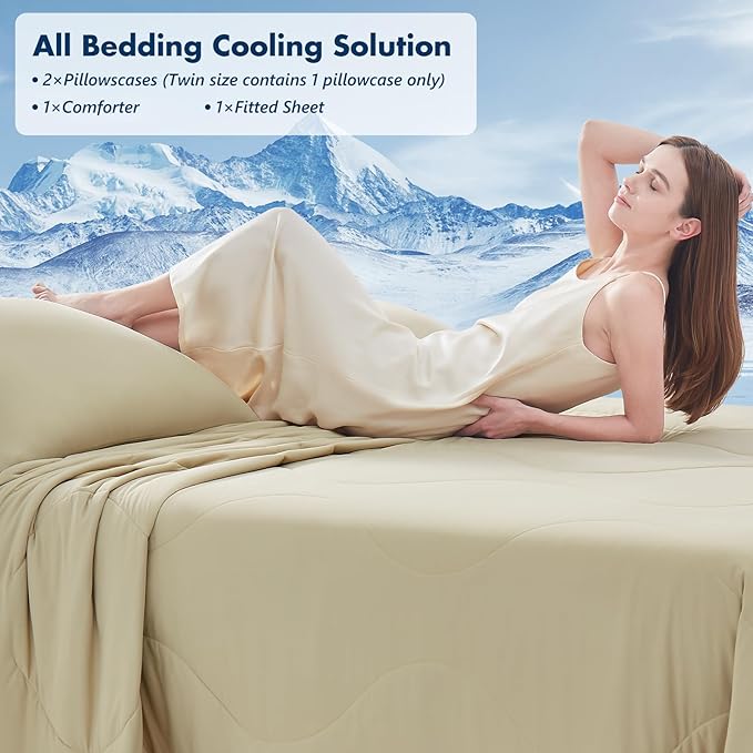 Cooling Comforter Set King- Beige Reversible Cooling Comforter Set with Sheets - Soft Breath Comforter 4pcs Set (Comforter+Fitted Sheets+2Pillowcases)