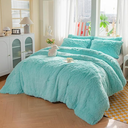 chovy Faux Fur Plush Sky Blue Comforter Sets King - Ultra Soft Shaggy Flannel Velvet Fluffy Fuzzy 3PC Bedding Set (Comforter x 1 Pillowcases x 2)