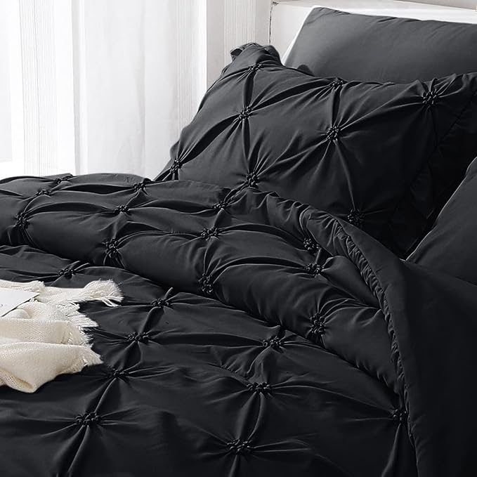 JOLLYVOGUE Black Twin Size Comforter Sets 5 Pieces, Pintuck Bed in a Bag Comforter Set for Bedroom, Bedding Comforter Sets with Comforter, Sheets,Ruffled Shams & Pillowcases