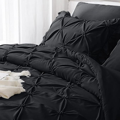 JOLLYVOGUE Black Twin Size Comforter Sets 5 Pieces, Pintuck Bed in a Bag Comforter Set for Bedroom, Bedding Comforter Sets with Comforter, Sheets,Ruffled Shams & Pillowcases