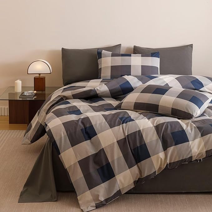Houseri Blue Plaid Comforter Set Twin Vintage Grid Bedding Sets