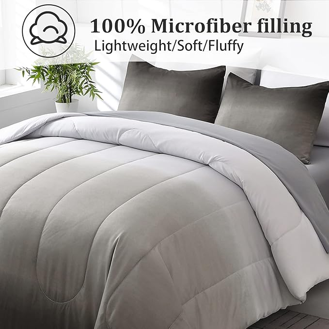Anibedding 7 Pieces Grey Comforter Set King Size Gradient Black Gray White Bed in a Bag for King Bed - All Season Lightweight Microfiber Bedding Sets with Comforter for Women Men Teens (103" x90")