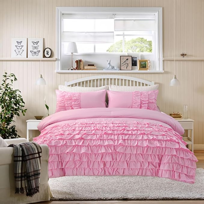 Holawakaka Pink Waterfall Ruffle Comforter Set Twin Size Multi-Layers Ruffled Shabby Chic 3PCS Bedding Set for Girls Women, Kids Teens Ruched Dorm Bed Set