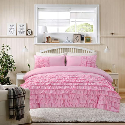 Holawakaka Pink Waterfall Ruffle Comforter Set Twin Size Multi-Layers Ruffled Shabby Chic 3PCS Bedding Set for Girls Women, Kids Teens Ruched Dorm Bed Set