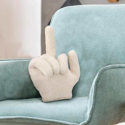 Menkxi Small Middle Finger Decorative Pillow 13.78 x 9.84 in Funny Shaped Sherpa Fleece Throw Pillow Warm Soft Emoticon Cushion Middle Finger Decor for Couch Gag Gift(Ivory)