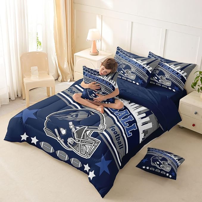 Feelyou Football 7 Pieces Comforter Sets Queen Size Kids Rugby Sports Bedding Set for All Season Football City Bed in a Bag with Comforter, Sheets, Pillowcases & Cushion Cover