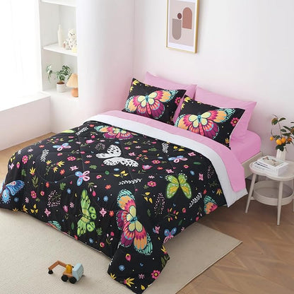 Kids Butterfly Comforter Set Full Size for Girls Colorful Flowers Leaves Bedding Set for Teens Black 7 Piece Bed in A Bag Super Soft All Season