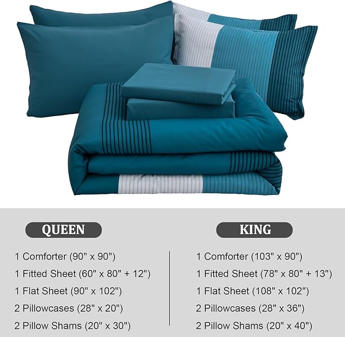 Teal Blue Queen Comforter Set, Blue Striped Bed in a Bag Soft Bedding Set All Season Patchwork Bed Set Microfiber 7 Piece Filling Comforter, Flat/Fitted Sheets and Pillowcase 90"x90"