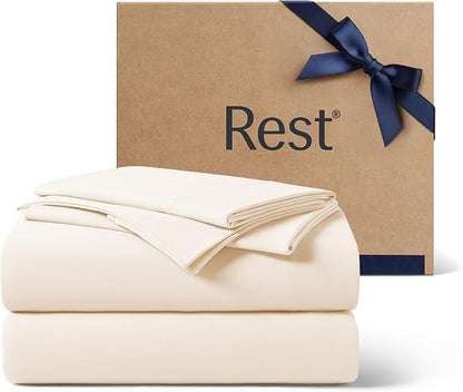 REST® Evercool®+ Cooling Sheet Set, Cali King Size, Snow Ivory, Breathable Bed Sheets for Hot Sleeper and Night Sweats, with Pillowcases, with Ionic+ Self-Cleaning Silver Yarn for Sensitive Skin, 4PCS