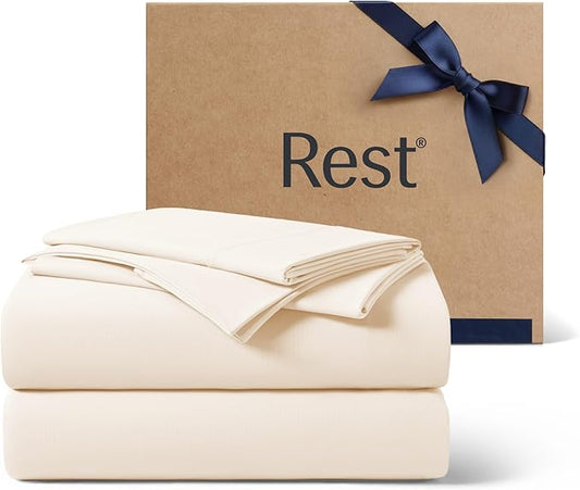 REST® Evercool®+ Cooling Sheet Set, Cali King Size, Snow Ivory, Breathable Bed Sheets for Hot Sleeper and Night Sweats, with Pillowcases, with Ionic+ Self-Cleaning Silver Yarn for Sensitive Skin, 4PCS