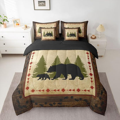 Erosebridal Bear 7 Piece Comforter Set Full Bed in A Bag Rustic Farmhouse Wildlife Comforter Wild Animals Bedding Set Country Cabin Lodge Decor Nature Woodland Bear Paw Print Sheet Set Brown Green