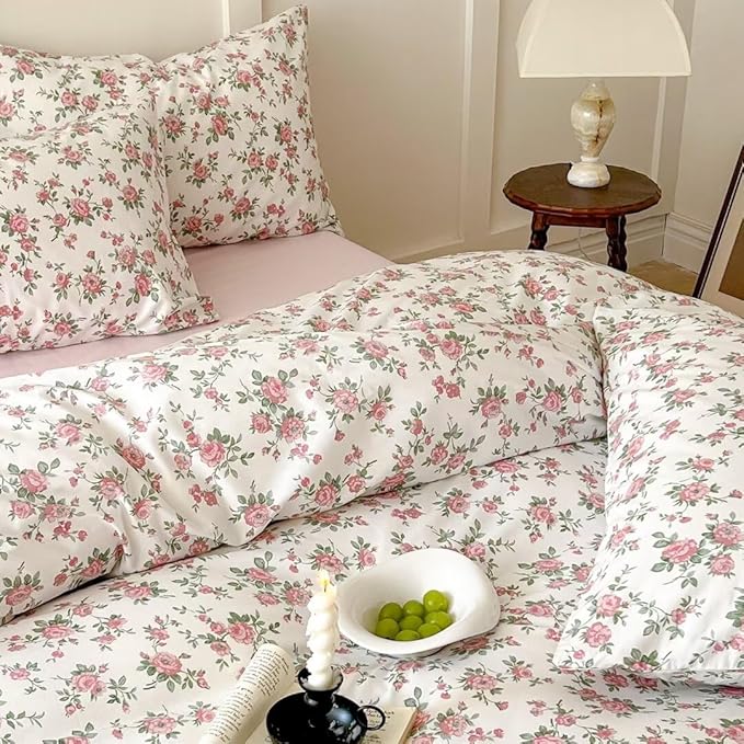 MKXI Queen Red Floral Comforter Set for Girls Botanical Bedding Comforter Red Flowers Print Vintage Farmhouse Bed Comforters