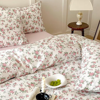 MKXI Queen Red Floral Comforter Set for Girls Botanical Bedding Comforter Red Flowers Print Vintage Farmhouse Bed Comforters