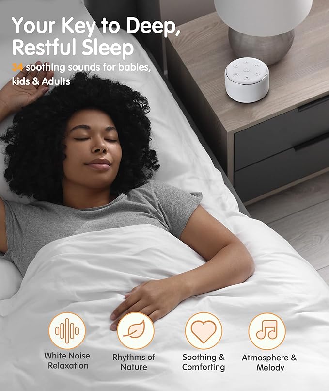 FamiSym White Noise Sound Machine Baby for Sleeping with Night Light – 34 Soothing Sounds, Rechargeable White Noise Machine for Kids Adults, Portable Lullaby Sleep Machine Baby Soother Home Travel