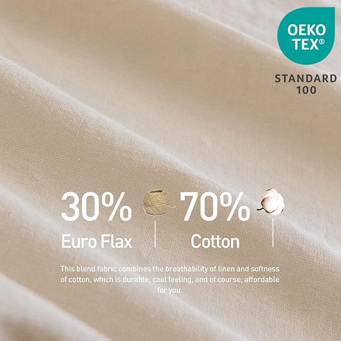 Simple&Opulence Belgian Linen Sheet Set Solid Color - 6 Pieces (1 Flat Sheet & 1 Fitted Sheet & 4 Pillowcases) 16" Deep Pocket Natural Flax Cotton Blended Soft Bedding - Linen, California King