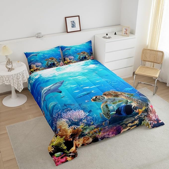 Erosebridal Sea Turtle Comforter Set King Size,Shark Bedding Set,Ocean Animals Fishes Down Comforter,Tortoise Rainbow Coral Duvet Insert,Home Textiles Comforters for Teens Boys Girls