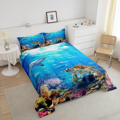 Erosebridal Sea Turtle Comforter Set Twin Size,Shark Bedding Set,Ocean Animals Fishes Down Comforter,Tortoise Rainbow Coral Duvet Insert,Home Textiles Comforters for Teens Boys Girls