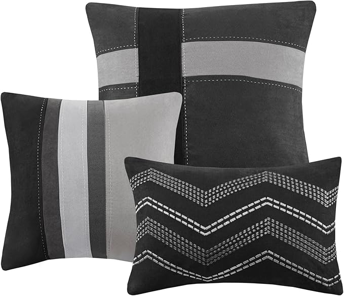 Madison Park Palisades Comforter Set Modern Faux Suede Pieced Stripe Design, All Season Down Alternative Cozy Bedding with Matching Shams, Decorative Pillows, Queen(90"x90"), Black 7 Piece
