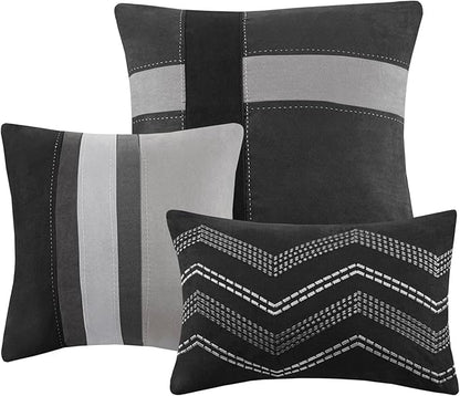 Madison Park Palisades Comforter Set Modern Faux Suede Pieced Stripe Design, All Season Down Alternative Cozy Bedding with Matching Shams, Decorative Pillows, Queen(90"x90"), Black 7 Piece