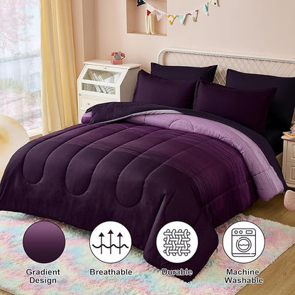 Dinjoy Girls Comforter Set Full Size Colorful Ombre Purple White Rainbow Bedding Set Bed in A Bag for Kid Teen Girls 7 Pieces (1 Comforter, 1 Flat Sheet, 1 Fitted Sheet, 2 Pillow Shams, 2 Pillowcases)