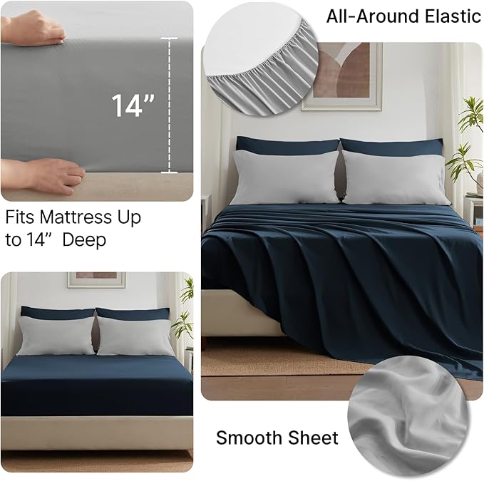 Anluoer King Size Bed in a Bag 7 Pieces, Navy and Grey Bed Comforter Set with Sheets, All Season Bedding Sets with 1 Comforter,2 Pillow Shams,2 Pillowcases, 1 Flat Sheet, 1 Fitted Sheet