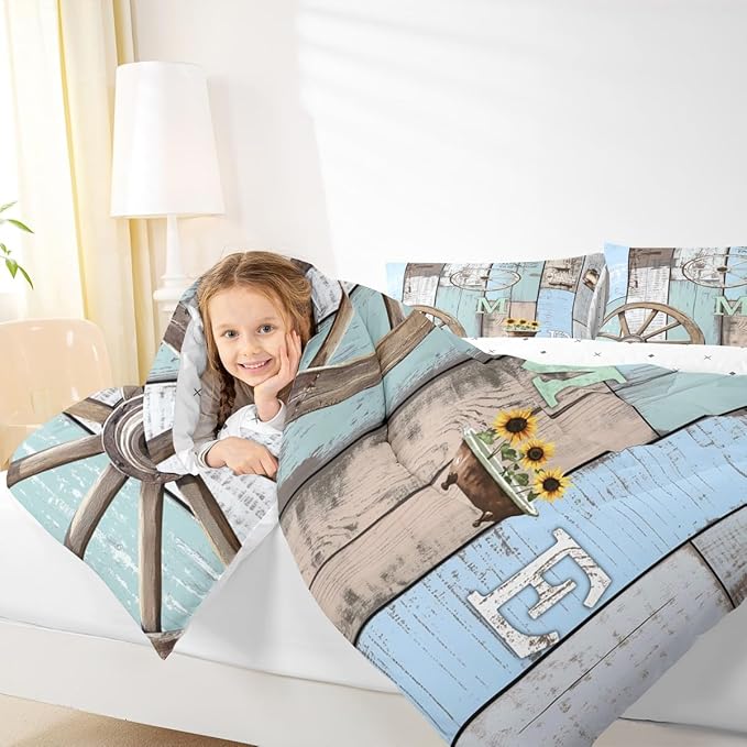 Rustic Farmhouse Bedding Sets For Cabin Lodge Western Country Comforter Set Retro Barn Door Wheel Windmill Quilt Set Full,Farm Animal Sunflower Planks Duvet Insert Blue Grey Brown 2 Pillow Cases