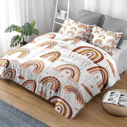 Comforter Set King Size, Boho Rainbow Pink Soft 3 Pcs Bedding for Kids and Adults, Love Colorful Nursery Comforter Set with 2 Pillowcases, for Bedroom Bed Decor