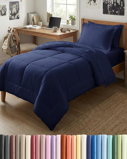 Twin Comforter Set - 5 Piece Bed in a Bag Twin Size Bed Set - Down Alternative Comforter, Flat Sheet, Fitted Sheet, Pillowcase & Sham for All Seasons - Ultra Soft, Cozy, Comfy & Breathable - Navy Blue