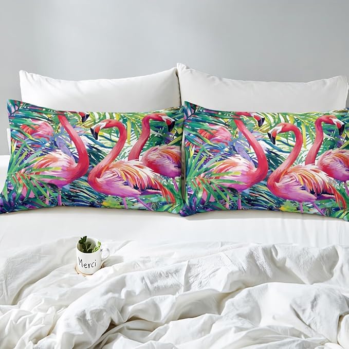Erosebridal Flamingo Comforter Set Twin Size, Tropical Leaves Room Decor Down Comforter, Palm Tree Pattern Quilted Duvet, Colorful Comforter Set, with 1 Pillow Case,Super Soft Breathable