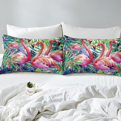 Erosebridal Flamingo Comforter Set King Size, Tropical Leaves Room Decor Down Comforter, Palm Tree Pattern Quilted Duvet, Colorful Comforter Set, with 2 Pillow Cases,Super Soft Breathable