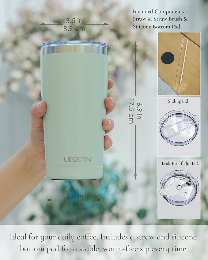 Travel Coffee Tumbler 20oz, Leakproof Travel Coffee Mug with Dual Lids and Straw, Stainless Steel Double Wall Vacuum Insulated Tumbler for Hot/Iced Drinks (Mint Green, Textured Matte)