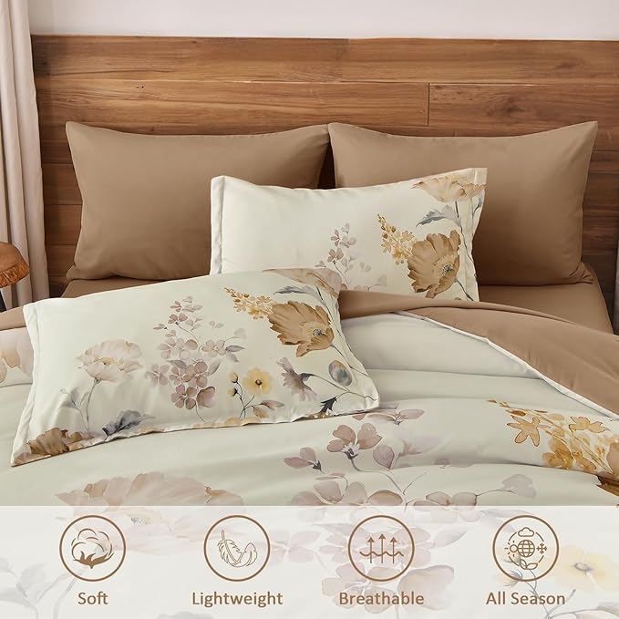 DJY Floral Comforter Set Queen Size 7 Pieces Cream & Warm Yellow Floral Bed in a Bag with Flower Leaves Pattern, Soft Microfiber Botanical Comforter and Sheet Set All Season Bedding Set(90''x90'')