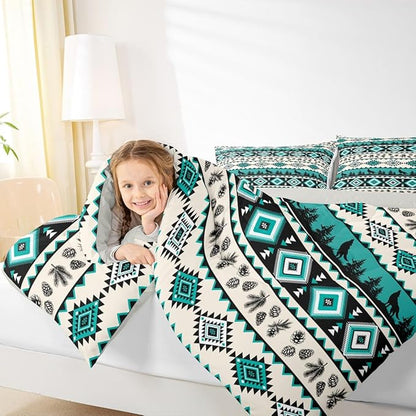 Manfei Aztec Geometric Kids Comforter Set Queen Size,Southwest Tribal Ethnic Bedding Set,Girls Boys Room Decor,Wolf Rustic Cabin Quilt Comforter,Beige Retro Duvet Set Bedroom Quilt Set,2 Pillowcases