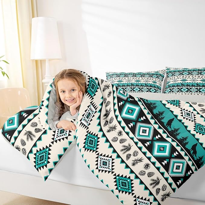 Aztec Geometric Comforter Set Full Size,Southwest Tribal Ethnic Kids Bedding Set,Wolf Rustic Cabin Quilt Comforter,Beige Retro Duvet Insert,2 Pillowcases