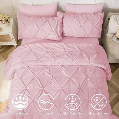 JOLLYVOGUE Twin Comforter Set 5 Pieces - Bed in a Bag Twin for All Season, Pintuck Bedding Comforter Sets with Comforter, Flat Sheet, Fitted Sheet and Pillowcases & Shams, Baby Pink