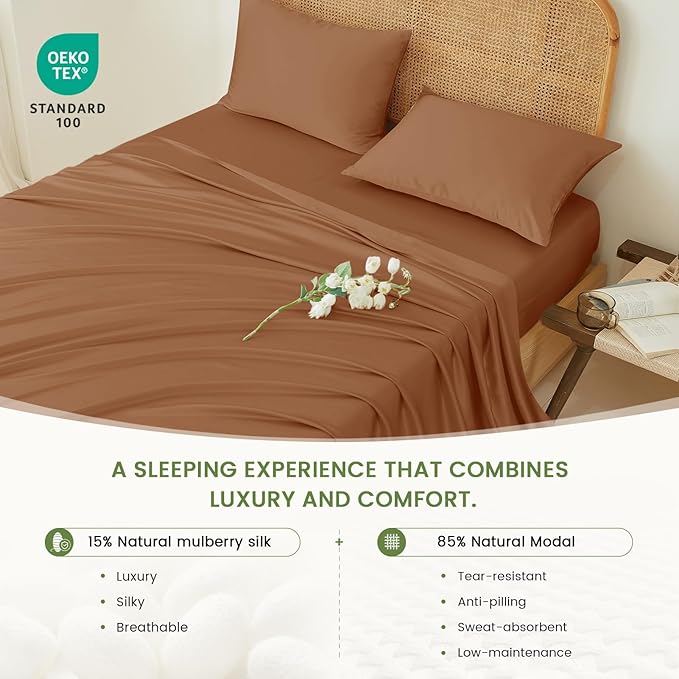THXSILK Luxury Mulberry Silk Bed Sheets Set - 4pcs Silk Sheets Set 16" Deep Pocket - 1 Fitted Sheet, 1 Flat Sheet, 2 Pillowcases with Zipper Closure - Full, Brown
