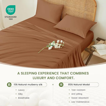 THXSILK Luxury Mulberry Silk Bed Sheets Set - 4pcs Silk Sheets Set 16" Deep Pocket - 1 Fitted Sheet, 1 Flat Sheet, 2 Pillowcases with Zipper Closure - Full, Brown