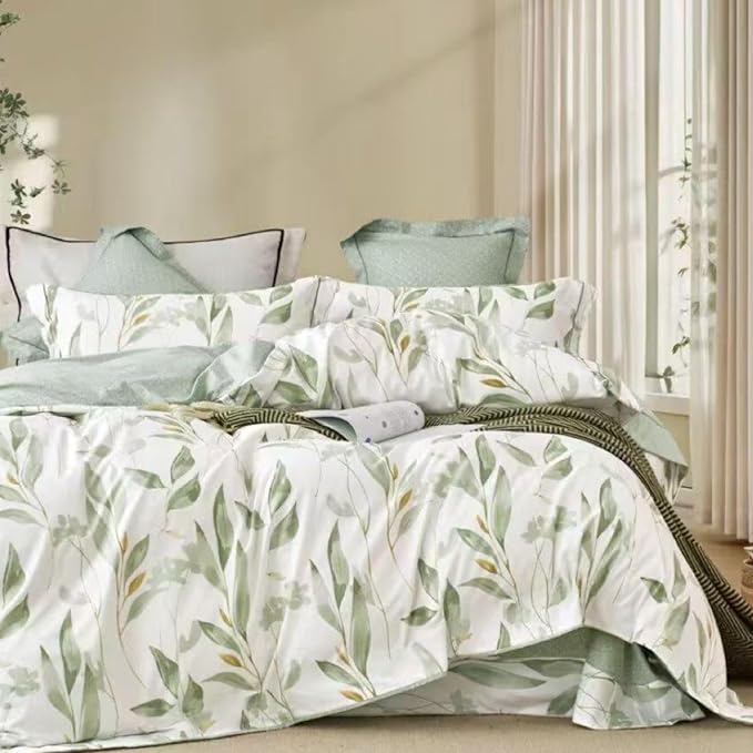 Cotton Comforter Queen Size Set – White Green Botanical Leaves Cotton Shell Bedding, Soft & Breathable, All-Season Down-Alternative Fill, Includes 1 Comforter & 2 Pillow Shams
