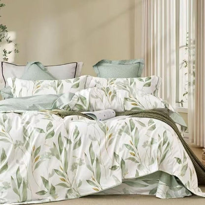 Cotton Comforter King Size Set – White Green Botanical Leaves Bedding, Soft & Breathable Comforter, All-Season Down-Alternative Filling, 1 Comforter & 2 Pillow Shams