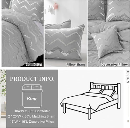 Menghomeus Grey and Silver Comforter Set King Metallic Print Geometric Bed Comforter 4 Piece Soft Microfiber Bedding for Teen Girls Boys Women (2 Pillow Shams + 1 Decorative Pillow Sham)