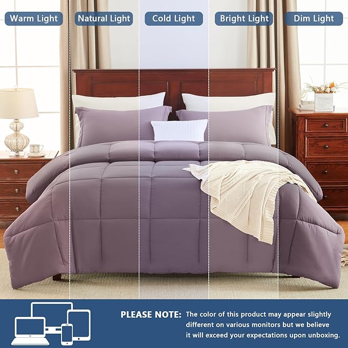 CozyLux King Size Comforter Set - Dusty Purple Comforter King Size, 3 Pieces Box Stitched Bed Set for All Seasons, Soft Lightweight Bedding Sets with 1 Down Alternative Comforter and 2 Pillow Shams