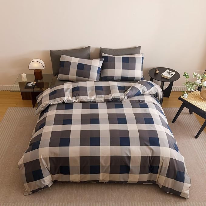 Houseri Blue Plaid Comforter Set King Vintage Grid Bedding Sets