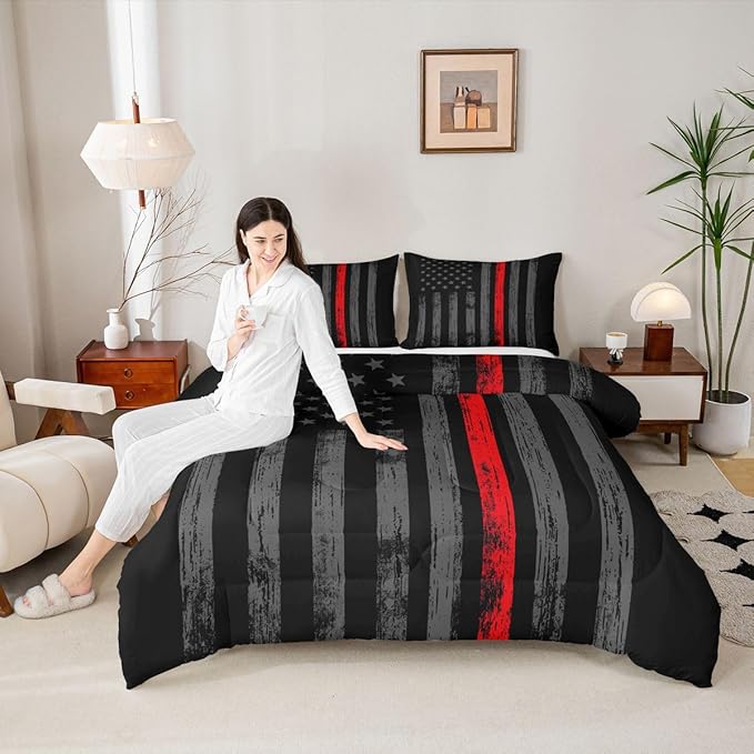 Erosebridal American Flag Comforter Set Queen Black Grey Red Line Flag Bedding Set for Men Boys Kids Girls Novelty Star Stripe Down Comforter Retro Vintage Flags Bedding Sets & Collections